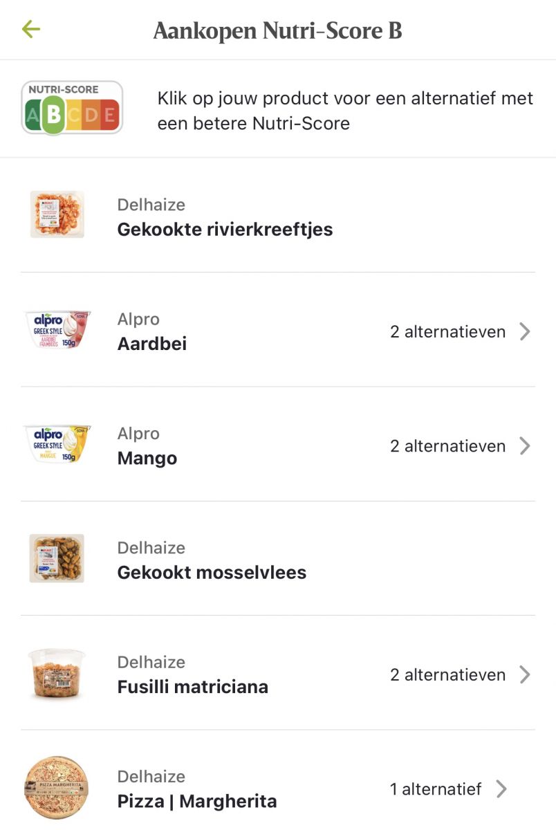 Delhaize app Nutri score mijn nutri profiel productenlijst met nutri-score b